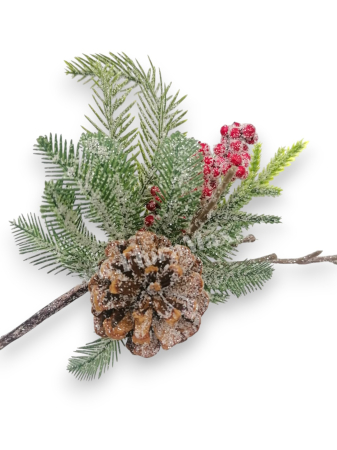 Crenguta brad artificial ninsa pentru aranjamente Craciun cu ilex con brad si sclipici 28 cm