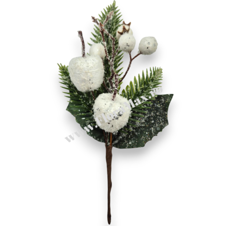 Crenguta brad artificial ninsa pentru aranjamente Craciun cu mere albe si sclipici 23 cm [1]