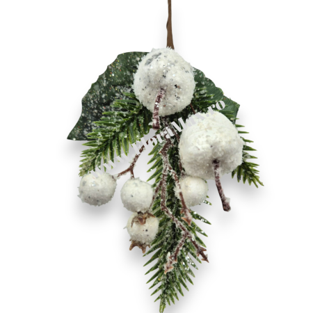 Crenguta brad artificial ninsa pentru aranjamente Craciun cu mere albe si sclipici 23 cm [2]