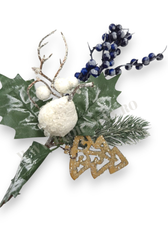 Produse - Crenguta brad artificial ninsa ilex mov pentru aranjamente Craciun cu para alba si sclipici 28 cm