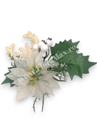 Crenguta brad artificial pentru aranjamente Craciun cu bilute albe coarne si craciunita alba 17 cm [1]