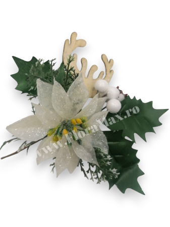 CRACIUN 2025 - Crenguta brad artificial pentru aranjamente Craciun cu bilute albe coarne si craciunita alba 17 cm