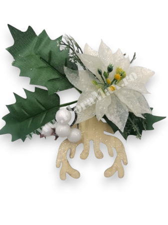 Crenguta brad artificial pentru aranjamente Craciun cu bilute albe coarne si craciunita alba 17 cm [2]