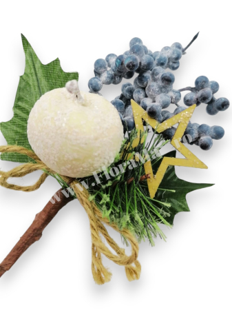 Crenguta brad artificial 22 cm cu bilute albe, ilex mov, mar alb si stea lemn pentru aranjamente Craciun