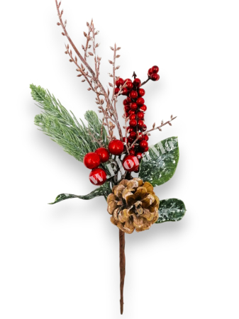 Crenguta brad artificial 30 cm cu bilute rosii, ilex si con brad pentru aranjamente Craciun [1]