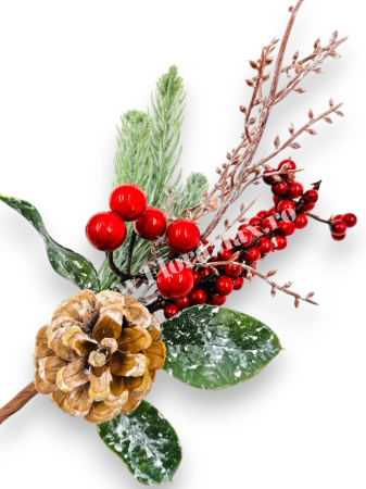 Produse - Crenguta brad artificial 30 cm cu bilute rosii, ilex si con brad pentru aranjamente Craciun