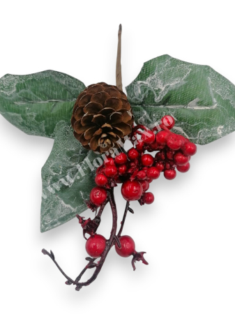 Crenguta brad artificial  pentru aranjamente Craciun cu bilute Rosii ilex si conuri brad 23 cm [2]
