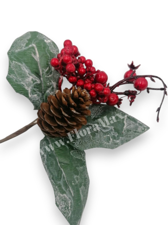 Crenguta brad artificial  pentru aranjamente Craciun cu bilute Rosii ilex si conuri brad 23 cm
