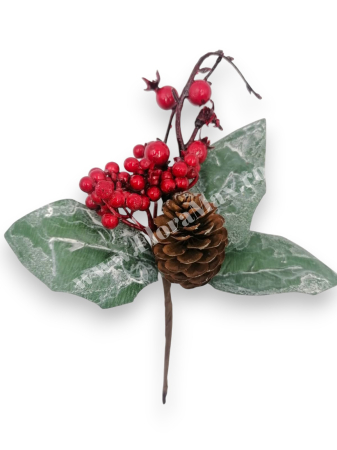 Crenguta brad artificial  pentru aranjamente Craciun cu bilute Rosii ilex si conuri brad 23 cm [1]