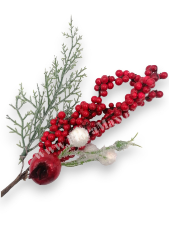 Produse - Crenguta brad artificial pentru aranjamente Craciun cu ilex bilute rosii si mar rosu 24 cm
