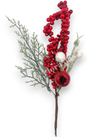 Crenguta brad artificial pentru aranjamente Craciun cu ilex bilute rosii si mar rosu 24 cm [1]