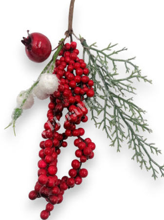 Crenguta brad artificial pentru aranjamente Craciun cu ilex bilute rosii si mar rosu 24 cm [2]