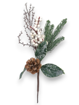 Crenguta brad artificial pentru aranjamente Craciun cu ilex si con brad bilute albe 29 cm [1]