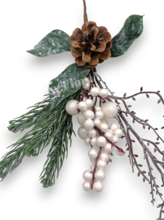 Crenguta brad artificial pentru aranjamente Craciun cu ilex si con brad bilute albe 29 cm [2]