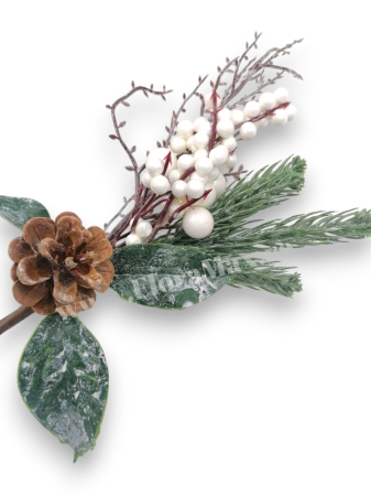 Crenguta brad artificial pentru aranjamente Craciun cu ilex si con brad bilute albe 29 cm