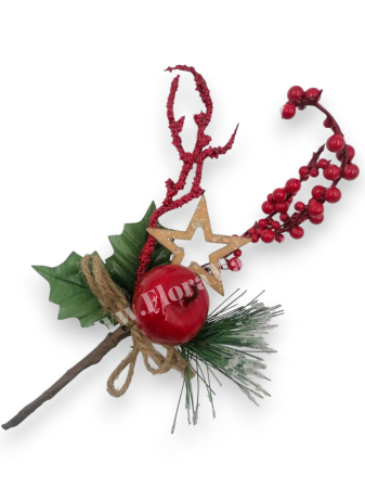 Crenguta brad artificial  pentru aranjamente Craciun cu ilex si mar rosu 27 cm