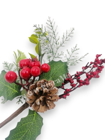Crenguta Craciun pentru decoratiuni aranjamente cu bilute rosii, ilex si con brad 25 cm