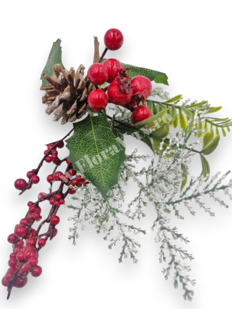 Crenguta Craciun pentru decoratiuni aranjamente cu bilute rosii, ilex si con brad 25 cm [2]