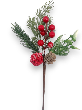 Crenguta Craciun pentru decoratiuni aranjamente cu bilute rosii, ilex si con brad 27 cm [1]