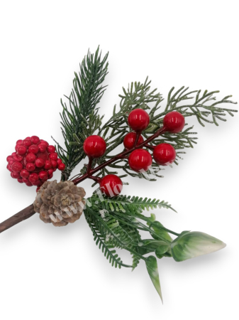 CRACIUN 2025 - Crenguta Craciun pentru decoratiuni aranjamente cu bilute rosii, ilex si con brad 27 cm