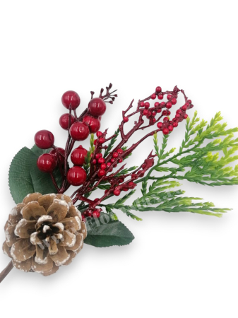 Crenguta Craciun pentru decoratiuni aranjamente cu bilute rosii, ilex si con brad 29 cm