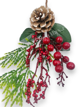 Crenguta Craciun pentru decoratiuni aranjamente cu bilute rosii, ilex si con brad 29 cm [2]