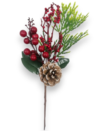 Crenguta Craciun pentru decoratiuni aranjamente cu bilute rosii, ilex si con brad 29 cm [1]