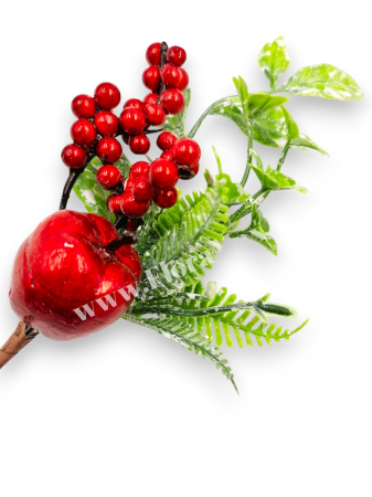 Produse - Crenguta decorativa Craciun cu bilute rosii si mar rosu 20 cm
