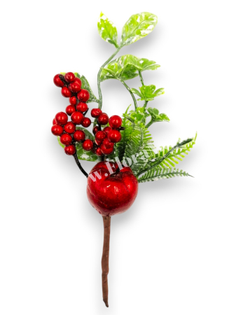 Crenguta decorativa Craciun cu bilute rosii si mar rosu 20 cm [1]