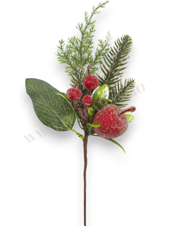 Crenguta decorativa Craciun cu bilute rosii si mar rosu 30 cm [1]