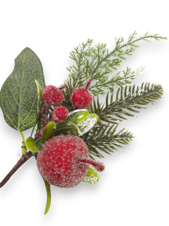Produse - Crenguta decorativa Craciun cu bilute rosii si mar rosu 30 cm