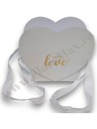 Cutii pentru flori - Gentuta cadou inima alba cu manere si mesaj auriu With Love