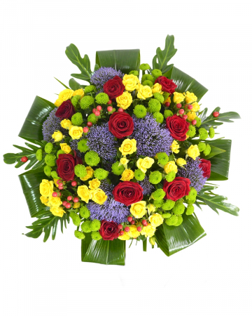 Aranjament floral cu trandafiri, minirosa, santini și trachelium [1]