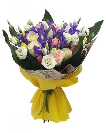 Flori pentru Mamă - Buchet trandafiri, lisianthus, iriși și lalele