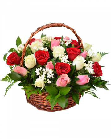Aranjamente Florale - Coș cu trandafiri și bouvardia