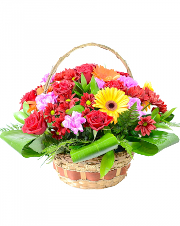 Flori pentru Soție - Coș floral cu gerbera, crizanteme, trandafiri și garoafe