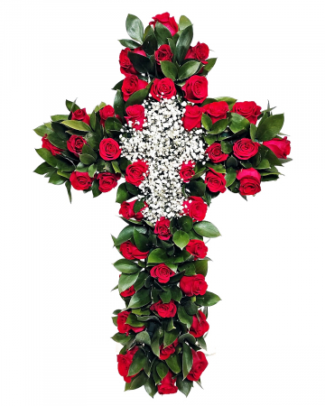 Cruci florale funerare - Cruce cu trandafiri roșii si gypsophila
