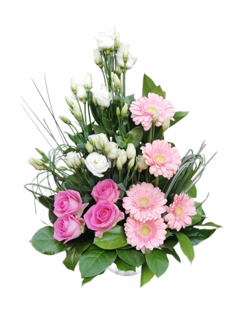 Flori pentru Zi de Naștere - Vas ceramic cu lisianthus, trandafiri și gerbera