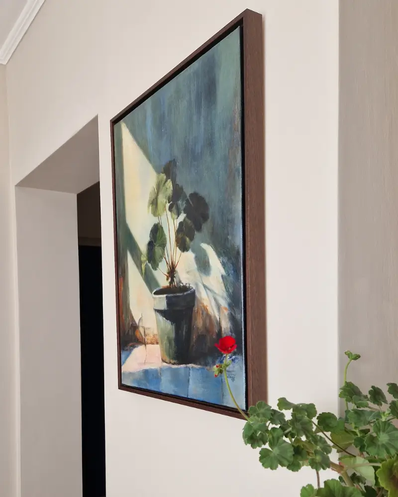 Rădăcini – tablou original cu mușcată în ghiveci, pictură în ulei cu tehnică mixtă – Judit Gellerd [3]