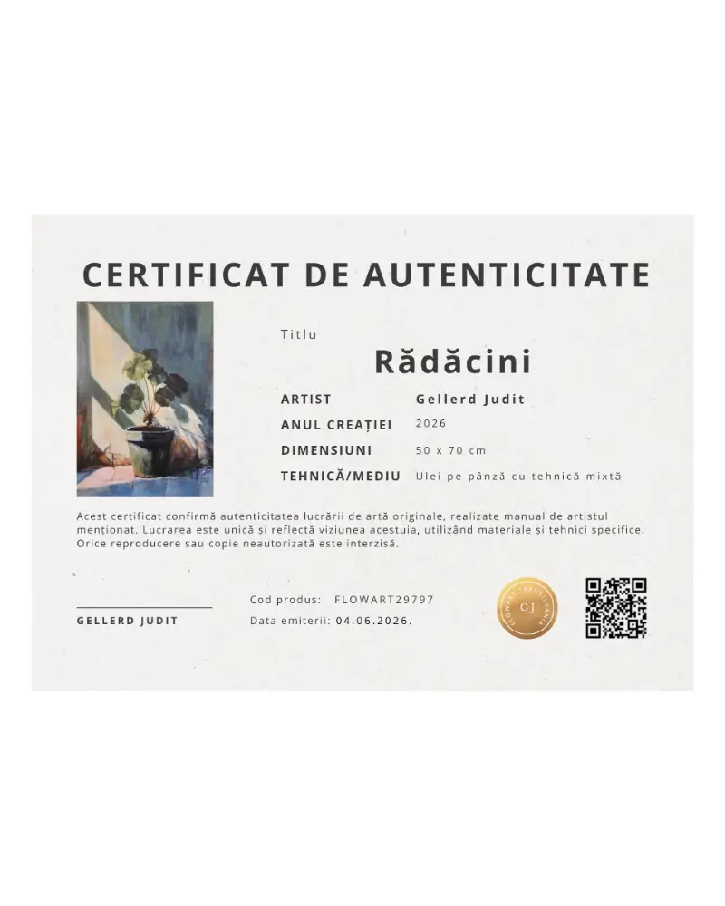 Rădăcini – tablou original cu mușcată în ghiveci, pictură în ulei cu tehnică mixtă – Judit Gellerd [7]
