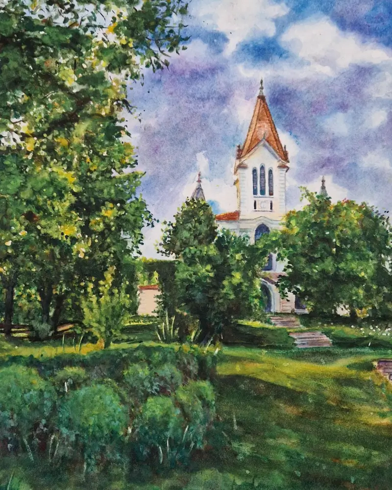 Biserica din Firtănuș – acuarelă originală cu ramă din lemn | Flow Art [2]