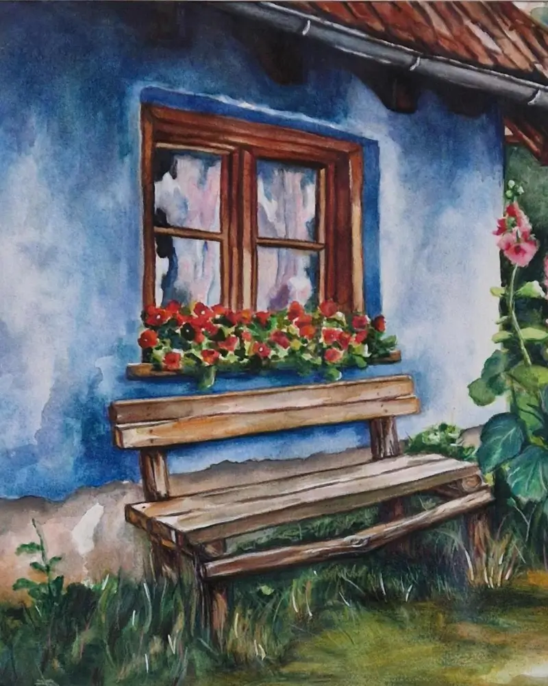 Pictură în acuarelă – Ferestre cu nalbe, design original Flow Art [3]