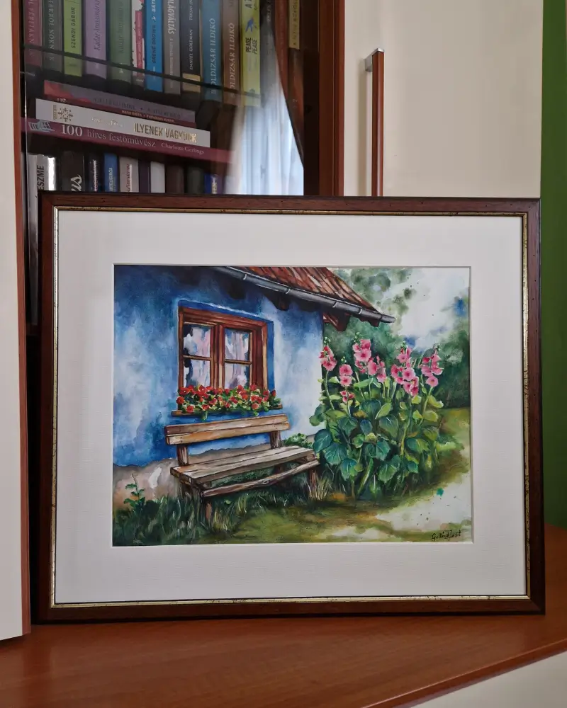 Pictură în acuarelă – Ferestre cu nalbe, design original Flow Art [1]