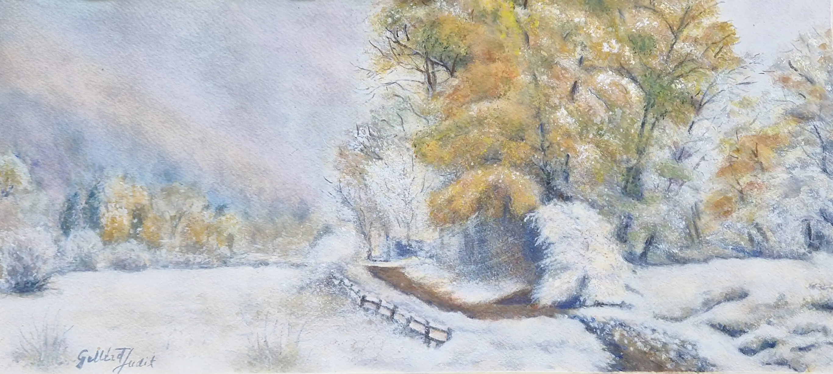 63 x 40 cm. Tablou pictat manual, acuarelă, înramat – Peisaj de iarnă, ideal pentru living și dormitor [2]