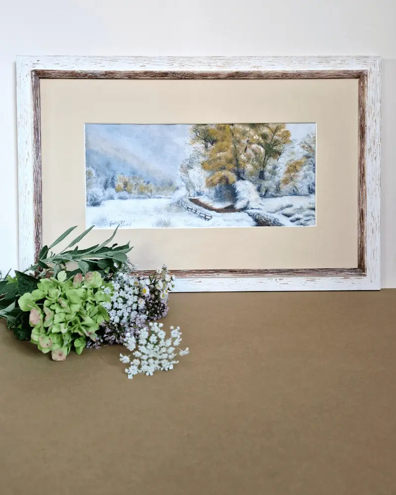 63 x 40 cm. Tablou pictat manual, acuarelă, înramat – Peisaj de iarnă, ideal pentru living și dormitor [4]