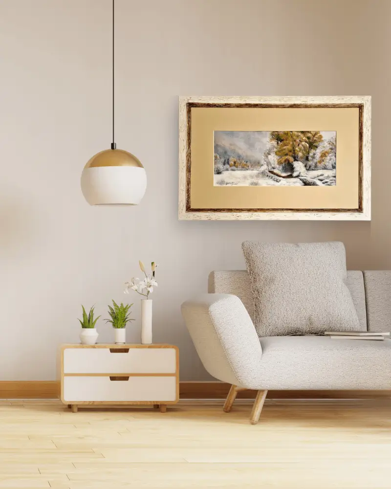 63 x 40 cm. Tablou pictat manual, acuarelă, înramat – Peisaj de iarnă, ideal pentru living și dormitor [3]