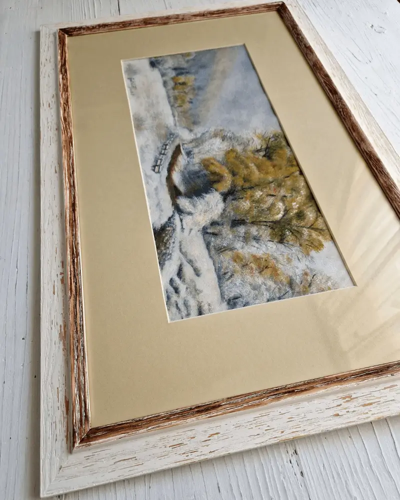 63 x 40 cm. Tablou pictat manual, acuarelă, înramat – Peisaj de iarnă, ideal pentru living și dormitor [5]