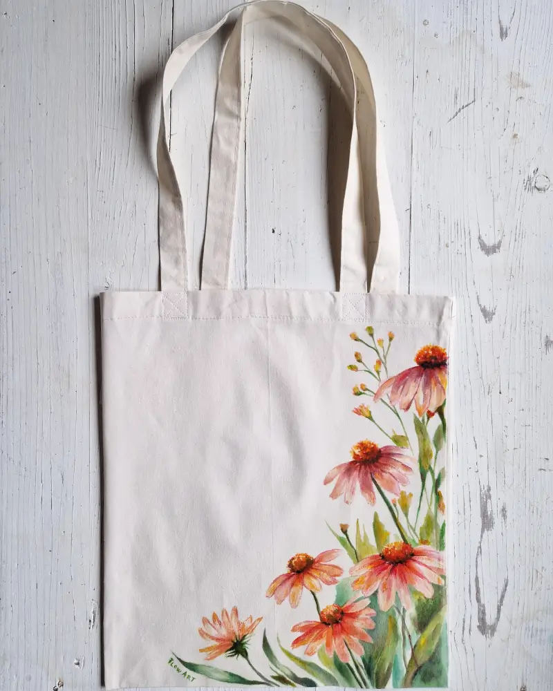Sacoșă pictată manual cu flori de echinacea – design original Flow Art [7]
