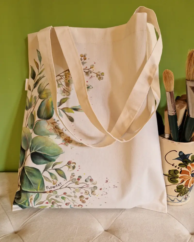 Sacoșă pictată manual „Eucaliptus” – design original Flow Art | Artă de purtat [2]