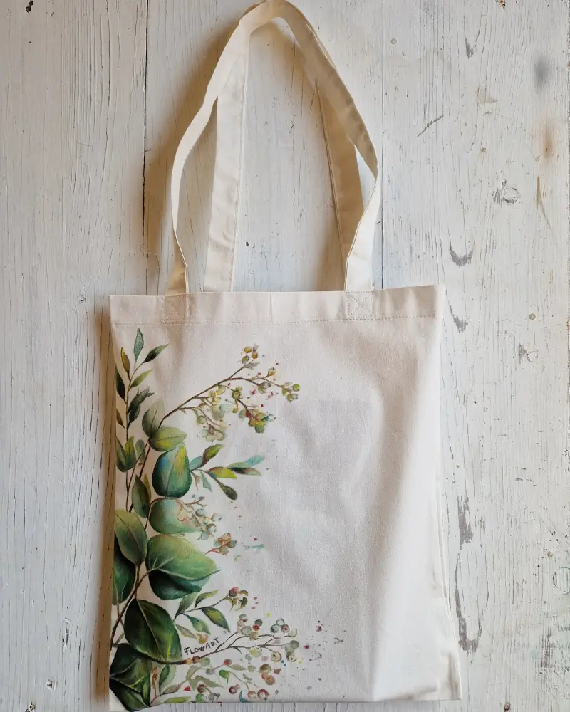 Sacoșă pictată manual „Eucaliptus” – design original Flow Art | Artă de purtat [6]